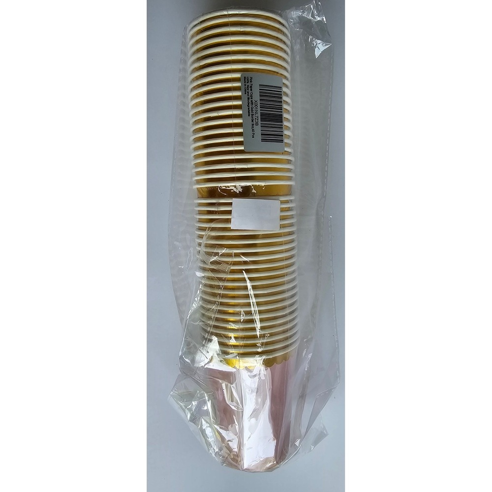 Pink Paper Cups with Gold Scalloped Border 9oz 40 Pcs Biodegradable Party Cup